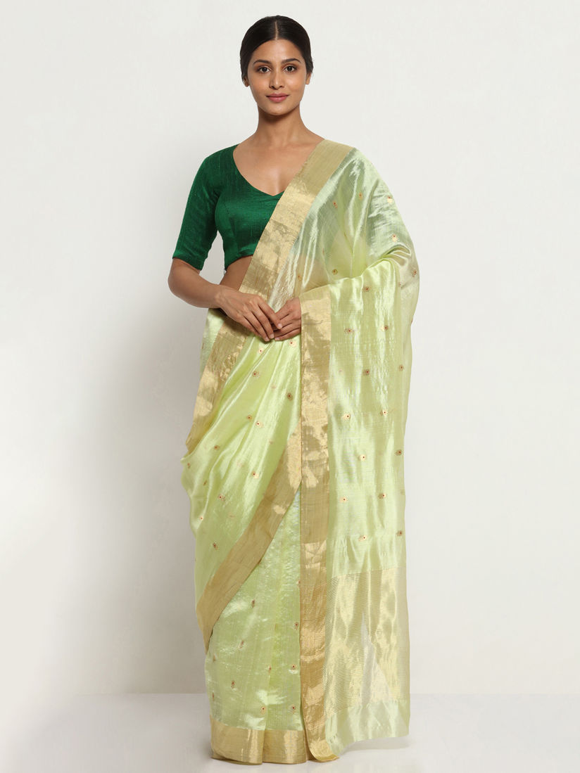 Via East Sarees Buy Via East Pista Green Handloom Pure Silk Chanderi Saree With All Over Motifs And Blouse Piece Online Nykaa Fashion Made from banglori silk fabric & detailed with mirror, embroidery and hand work makes this ethnic piece your ideal choice.