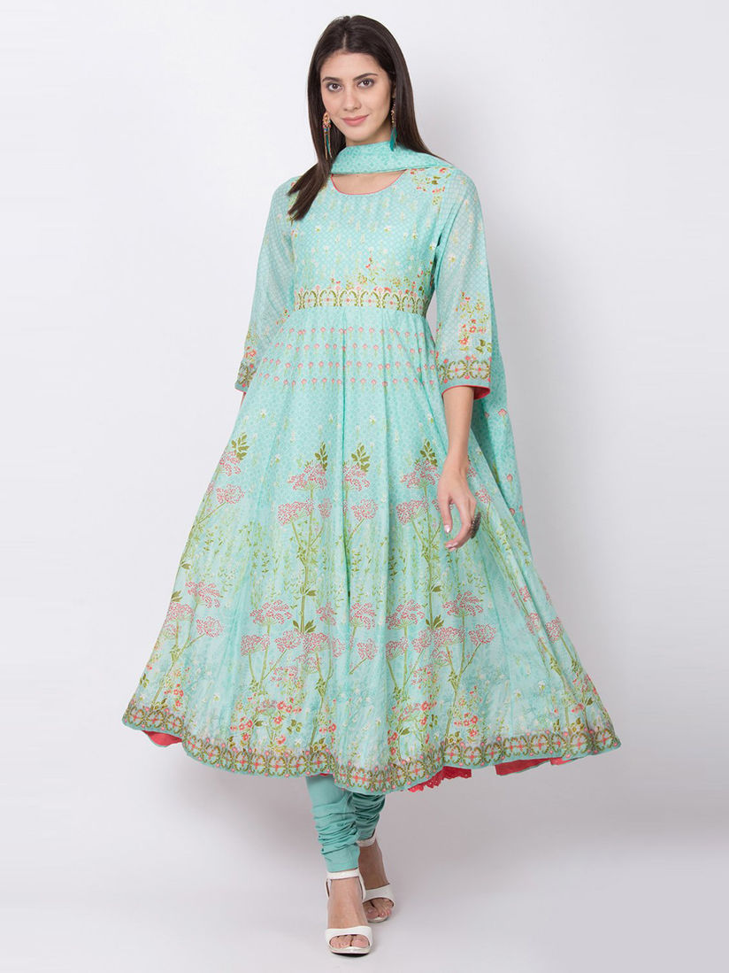 Biba Salwar Suits and Sets : Buy Biba Turquoise Floral Anarkali Kurta With  Churidar And Dupatta (Set of 3) Online | Nykaa Fashion.