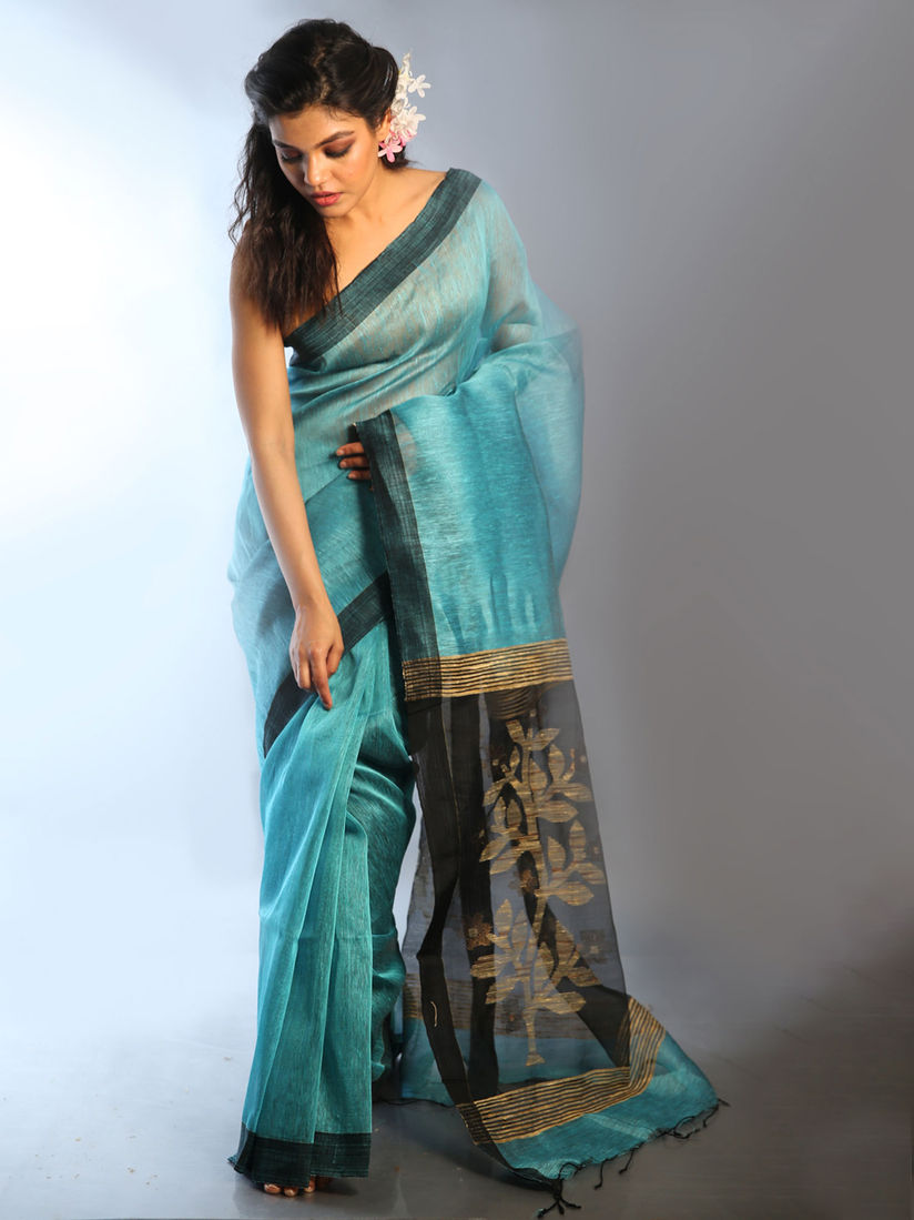Black blouse with sky blue saree clearance