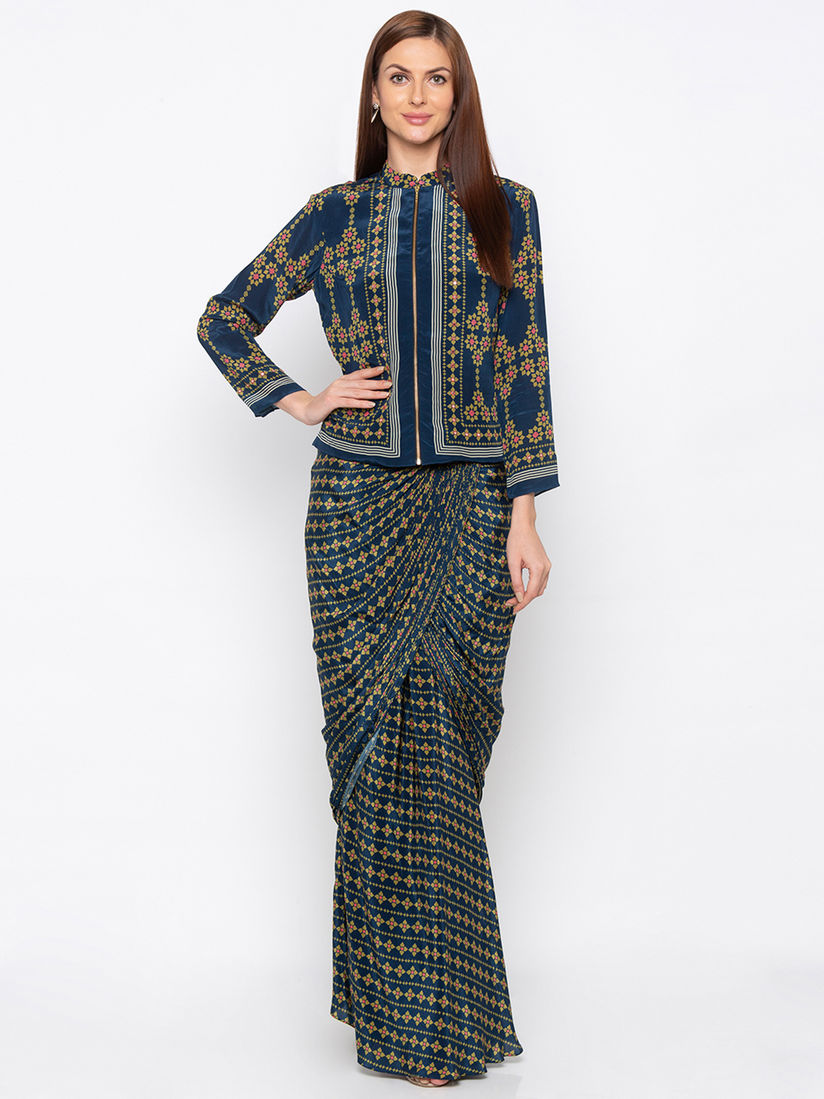 Soup By Sougat Paul Sets Buy Soup By Sougat Paul Teal Printed Drape Skirt With Jacket Set Of 2 Online Nykaa Fashion With a design sense that is contemporary, stylish and every bit updated to suit the likes of the modern. soup by sougat paul teal printed drape skirt with jacket customisable set of 2