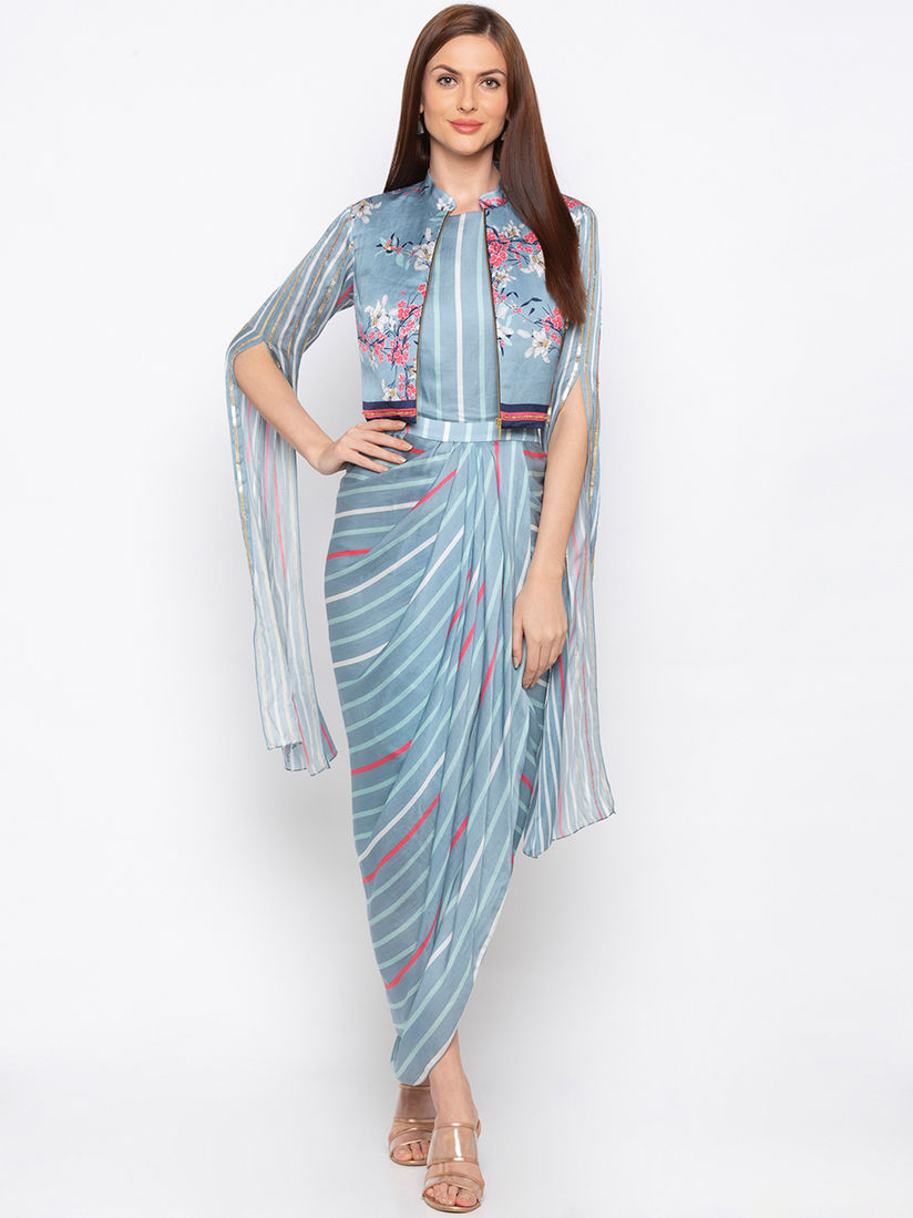 Soup By Sougat Paul Ethnic Dresses Buy Soup By Sougat Paul Blue Striped Drape Dress With Jacket Set Of 2 Online Nykaa Fashion Famous by payal kapoor, a qualified textile designer has. soup by sougat paul blue striped drape dress with jacket customisable set of 2