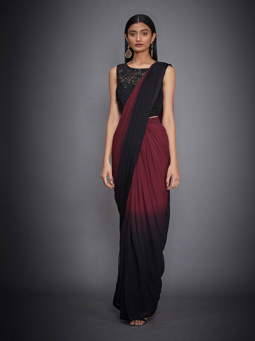 Maroon saree with black blouse clearance