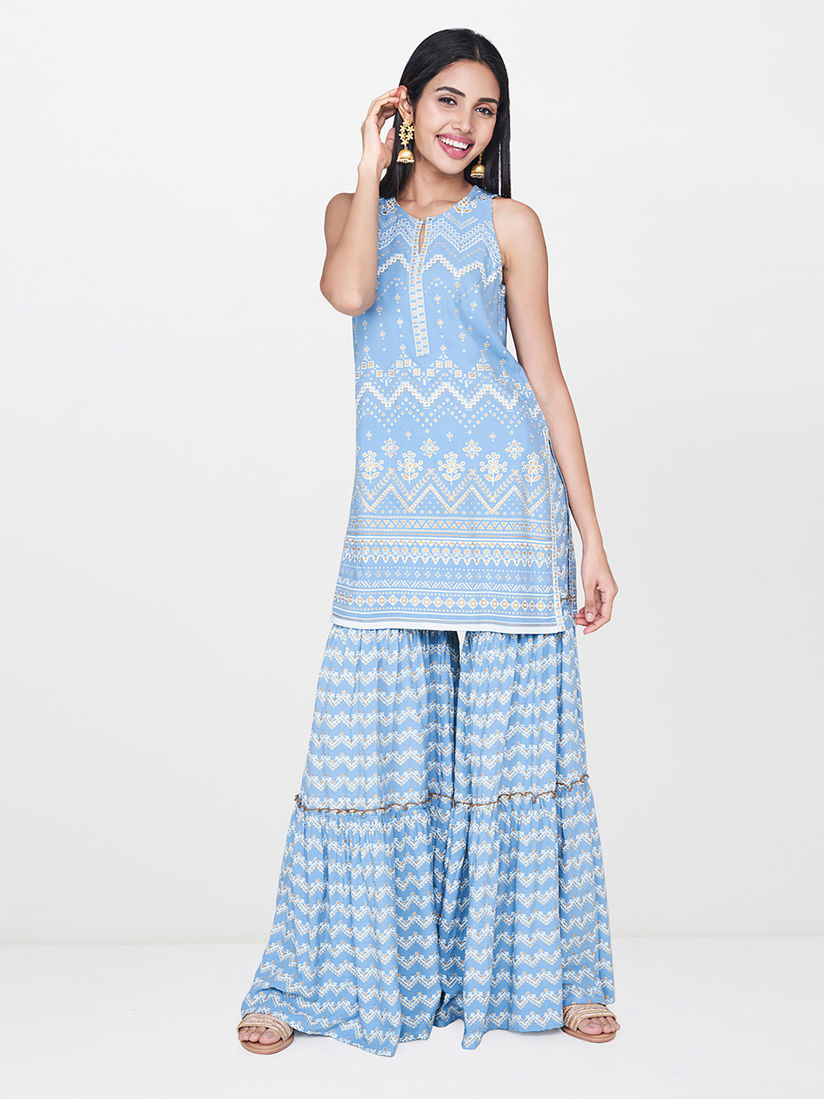 Global Desi Salwar Suits And Sets Buy Global Desi Blue Printed Kurta And Sharara Set Of 2 Online Nykaa Fashion Deep blue georgette straight suit elegant fashionable indian designer indian salwar printing clothing wholesale fabric: global desi blue printed kurta and sharara set of 2
