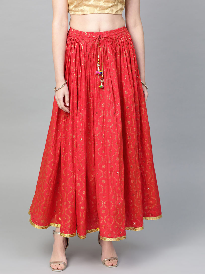 Buy ISHIN Red Cotton Embellished Skirt 