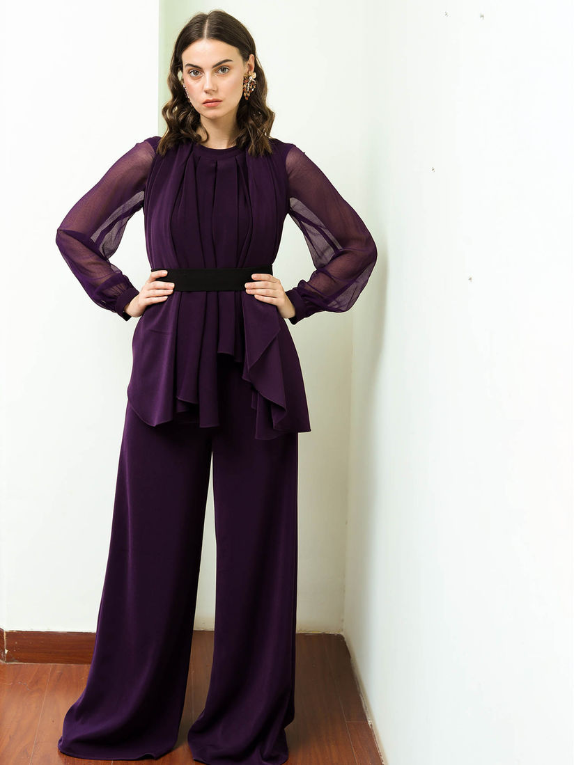 purple jumpsuit with sleeves