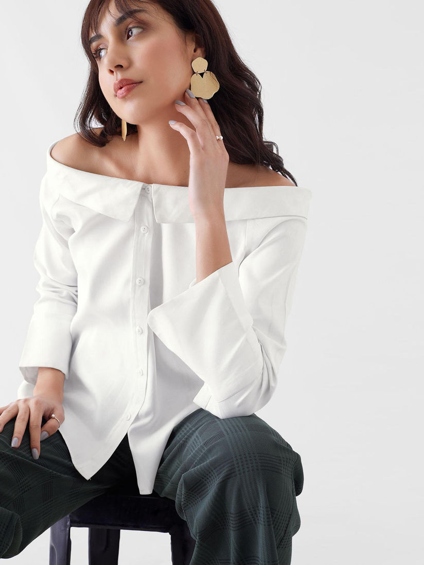 solid off shoulder long sleeve slit cuff blouse