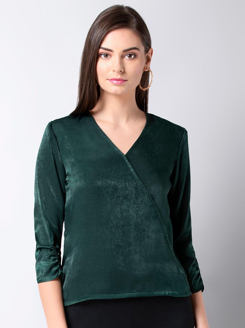 green satin wrap top