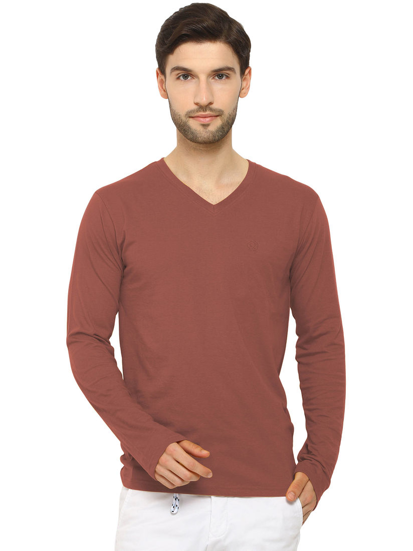 Buy CHKOKKO Rust V Neck Tshirt Online 