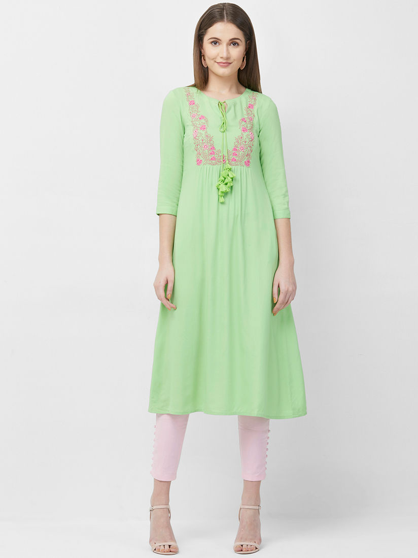 Naari Kurtis Kurtas And Tunics Buy Naari Pista Green Rayon Multi Embroidered Ethnic Wear Kurti For Women S Online Nyka Fashion
