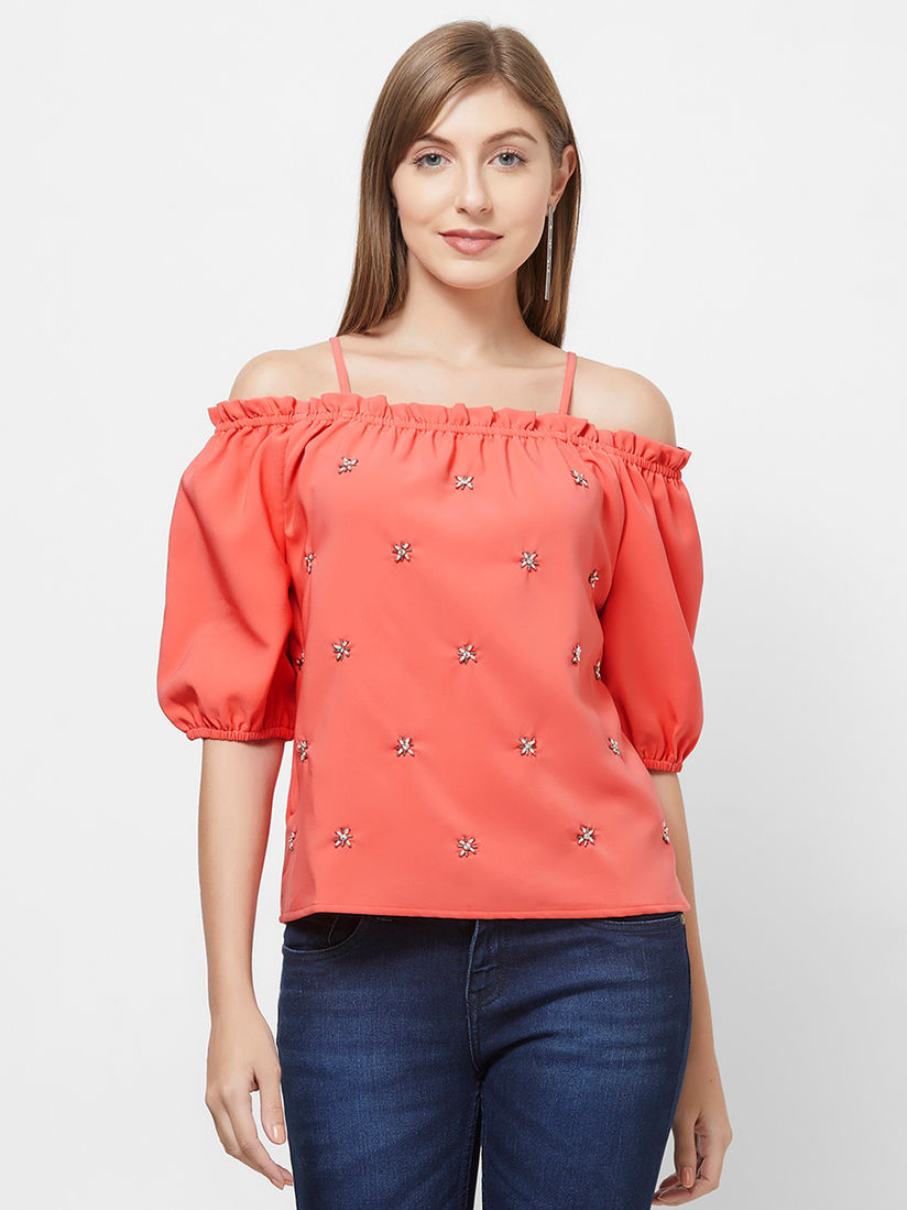 pink shoulderless top