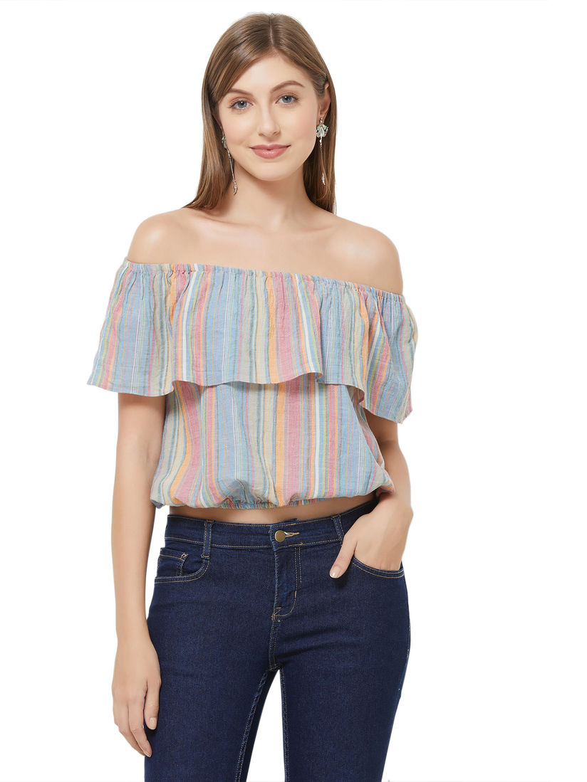 denim off shoulder crop top