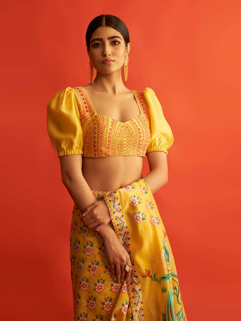 Saksham & Neharicka Blouse : Buy Saksham & Neharicka Yellow Puff Sleeve  Blouse Online | Nykaa Fashion