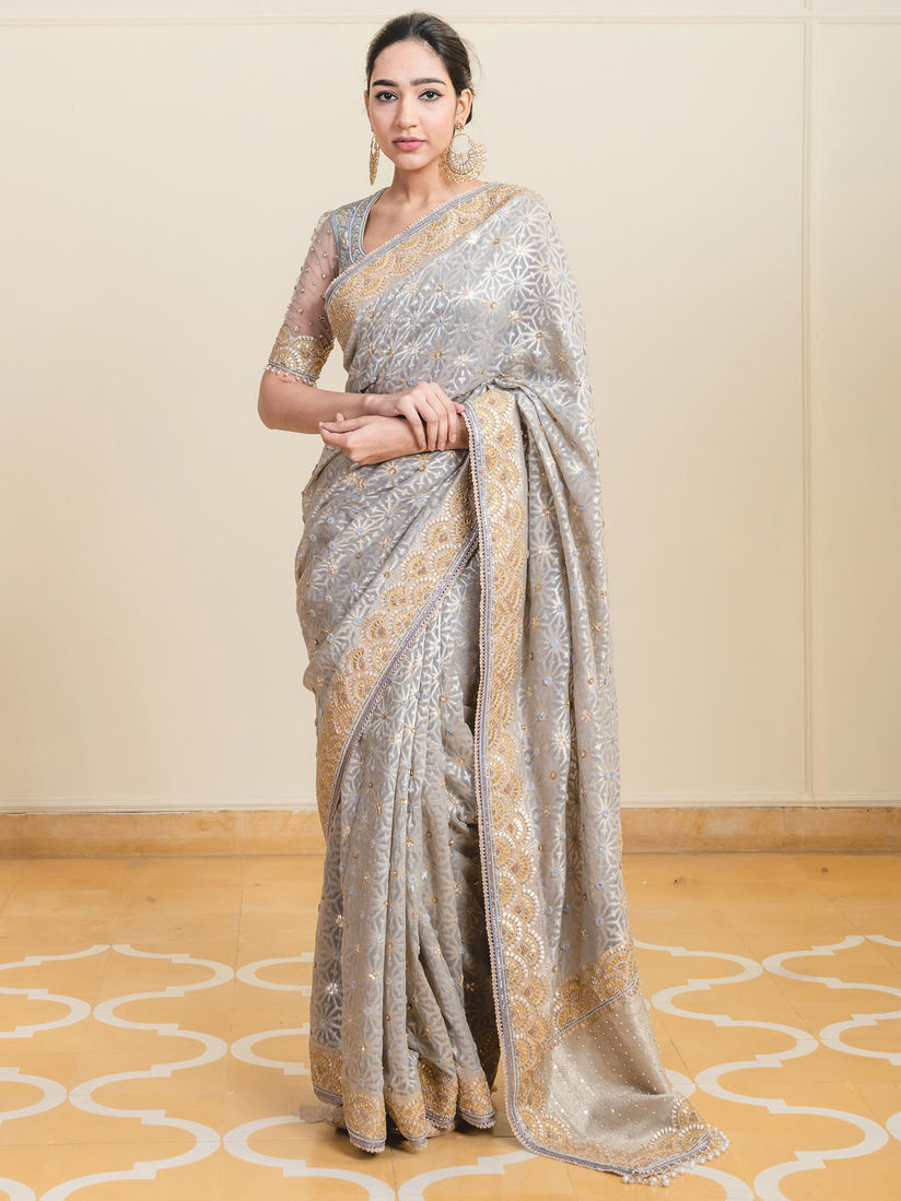 Tarun Tahiliani Sarees Buy Tarun Tahiliani Grey Saree With Stitched Blouse Set Of 2 Online Nykaa Fashion India modern the fusion of indian craftsmanship and fine textiles with contemporary chic. tarun tahiliani grey saree with stitched blouse customisable set of 2