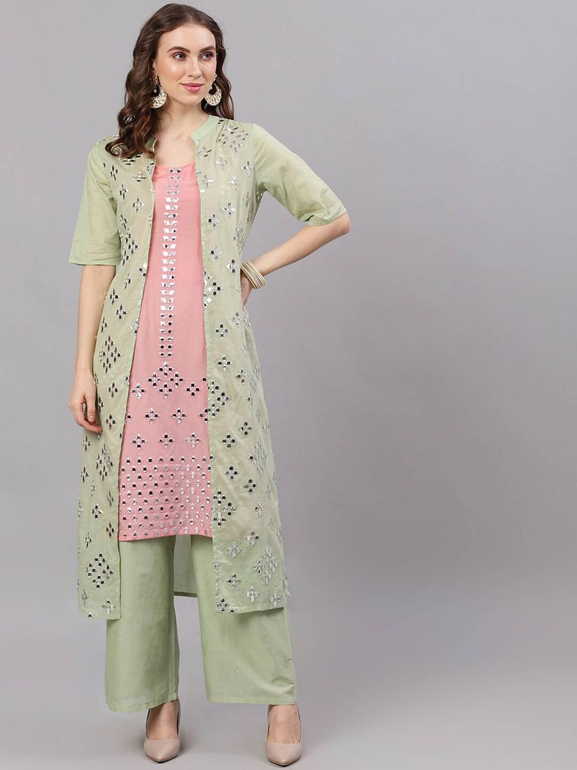 straight kurta with mirror work jacket