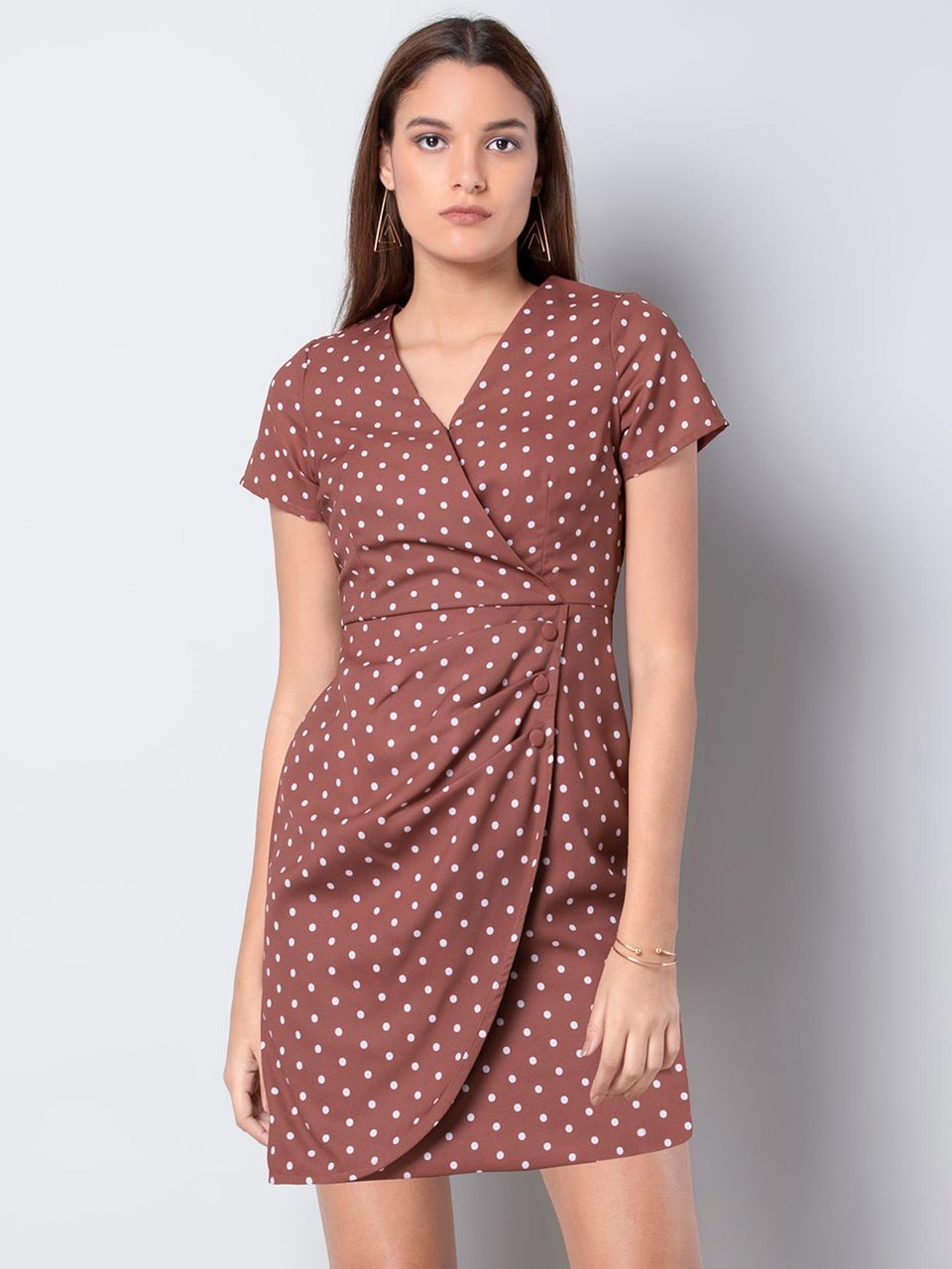 Faballey Brown Polka Wrap Dress